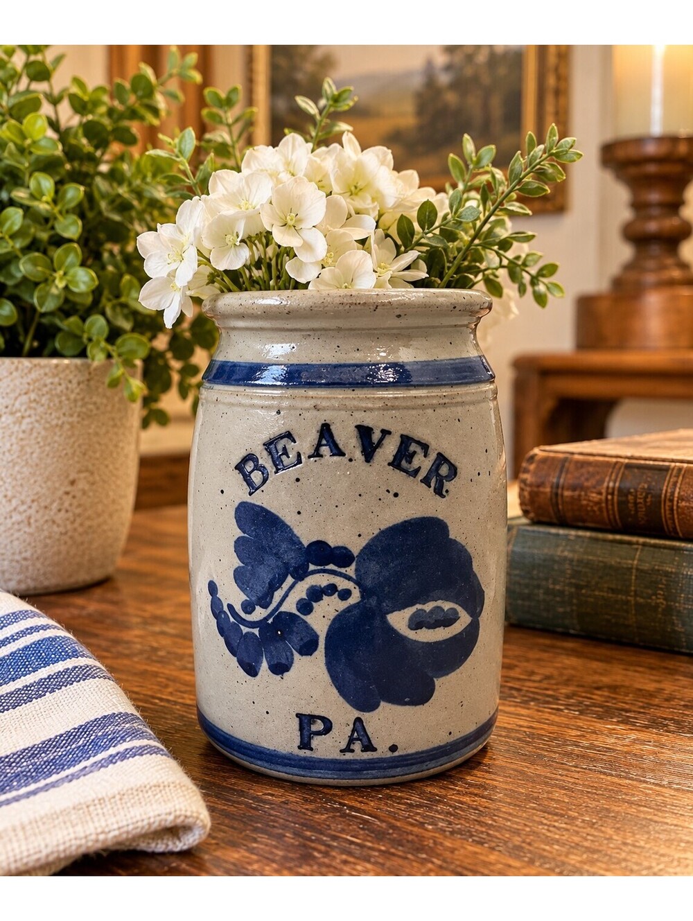 Vintage 1985 Beaver PA Stoneware Crock Blue Floral Signed Studio Pottery